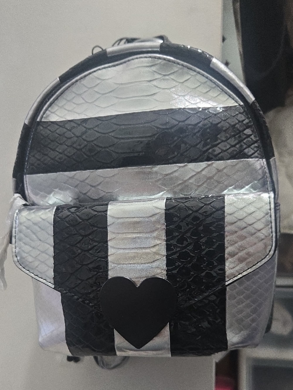 Victoria's Secret Silver & Black Striped Mini Backpack with Heart Accent